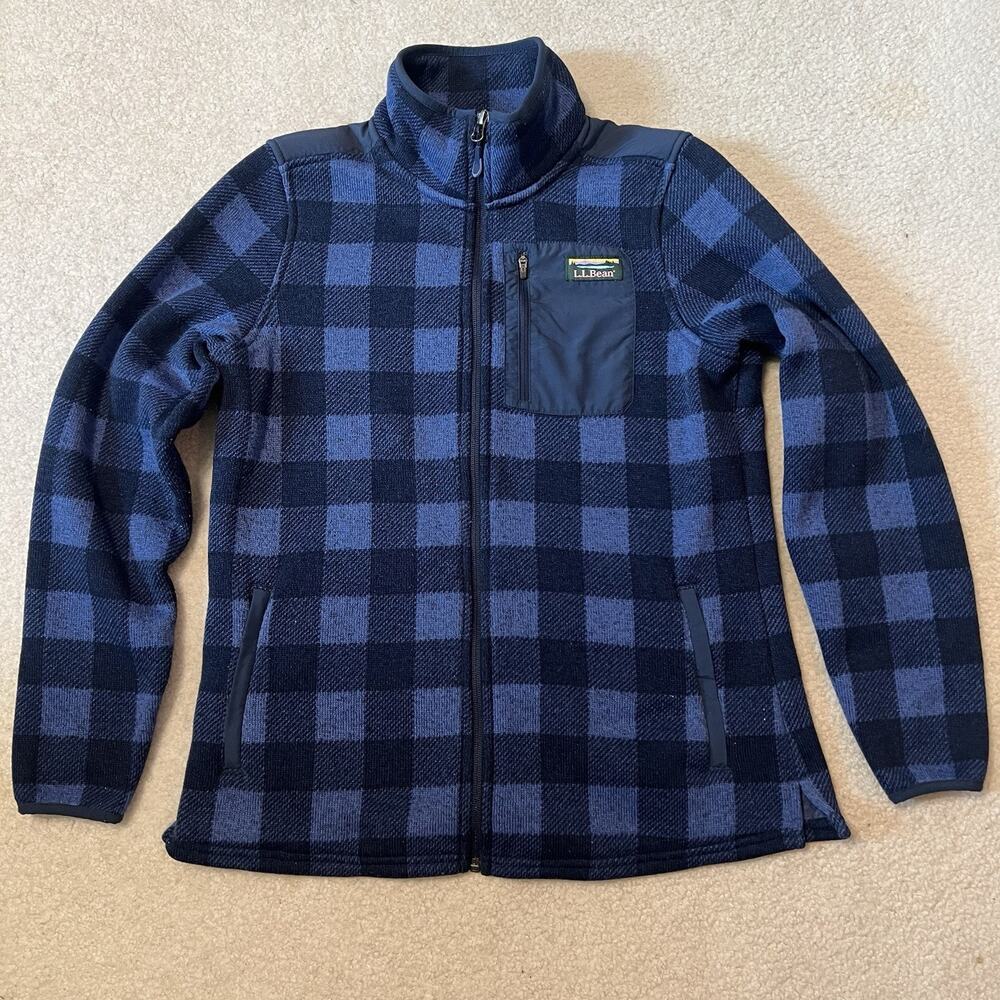 L.L.Bean Women’s Medium Buffalo Plaid Fleece Jacket Full Zip Blue Black Sweater
